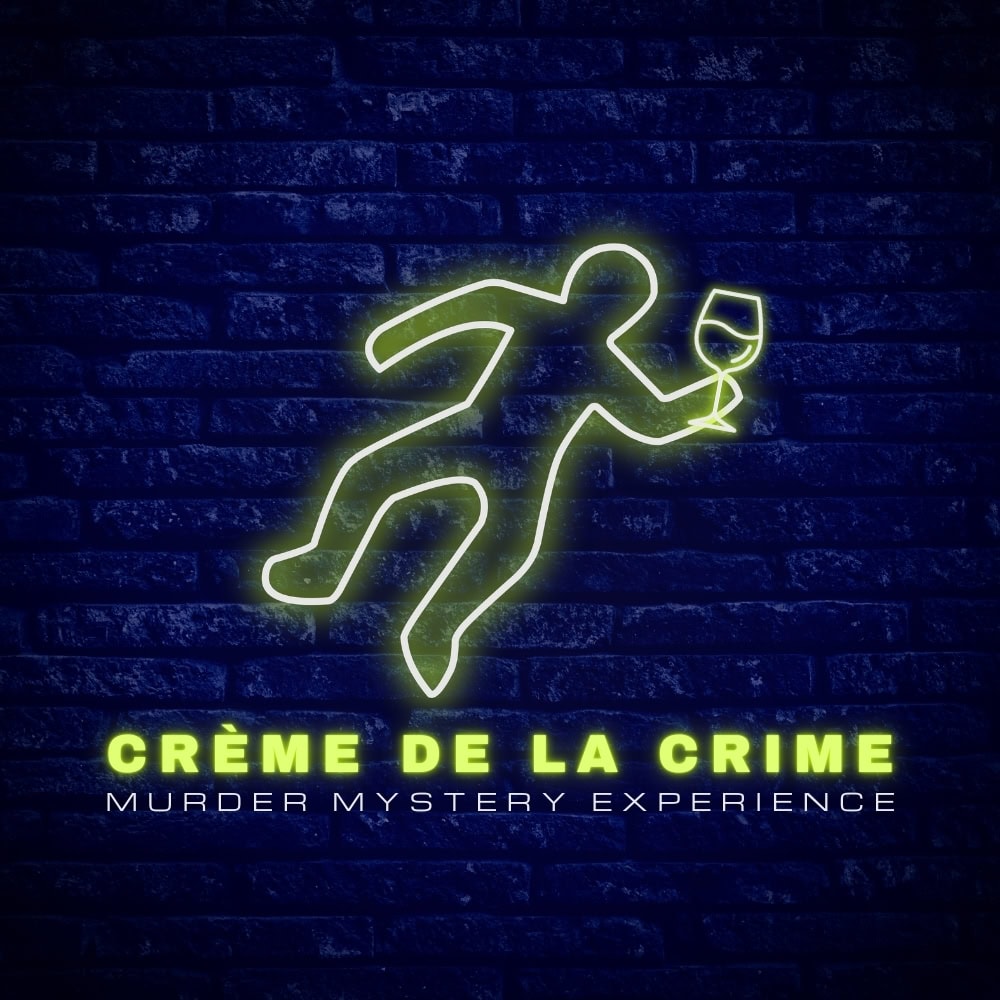 Neon sign of a figure holding a glass of wine, promoting the murder mystery experience.