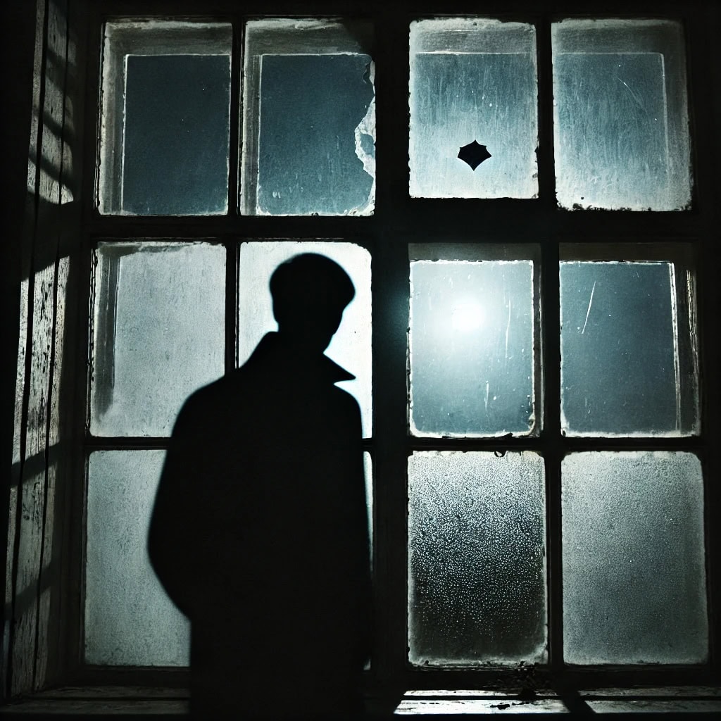 Silhouetted person gazing through a weathered, foggy window with broken panes.