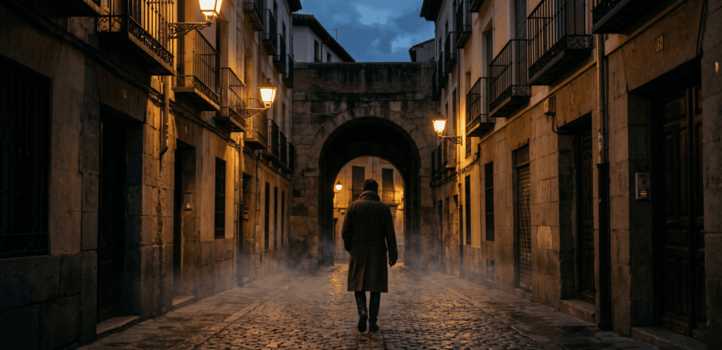 Narrow cobblestone street in Madrid at dusk, with a lone figure walking away through a stone archway.