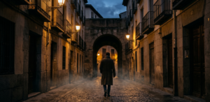 Narrow cobblestone street in Madrid at dusk, with a lone figure walking away through a stone archway.
