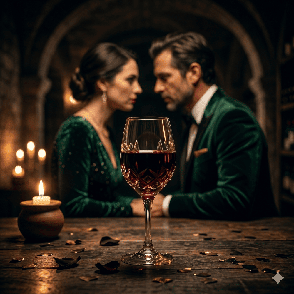 A crystal glass of deep red wine on a dark wooden table, with two blurred figures in evening wear in the background.
