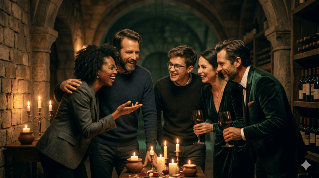 A group of professionals gathered together in a candlelit stone room, laughing and visibly connected.