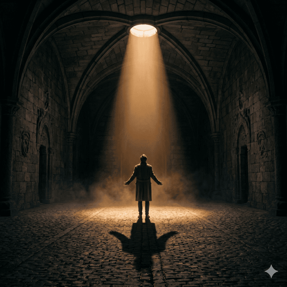 A lone figure standing in a vast, darkened stone room, lit by a single warm overhead light.