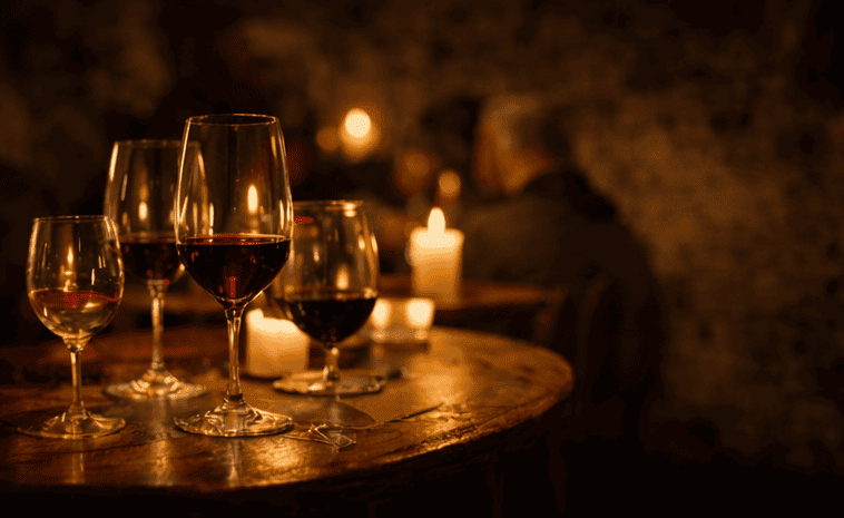 Wine glasses on a rustic table in a cozy, dimly lit setting.