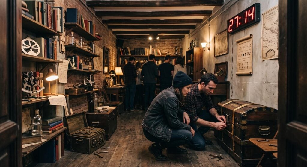 People solving a puzzle in a Madrid escape room