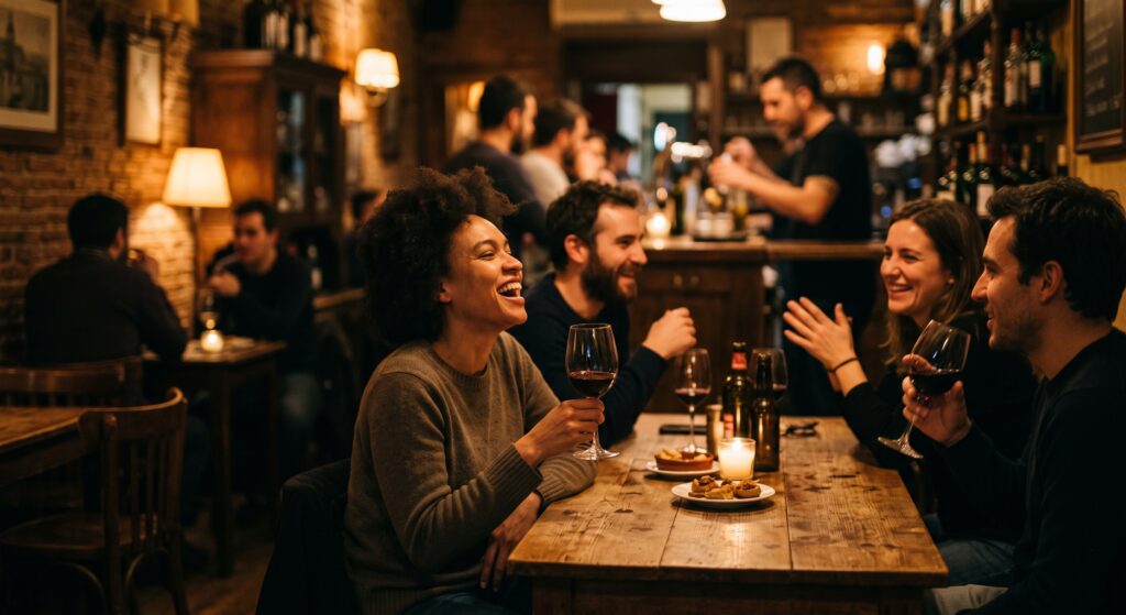 Small group enjoying an immersive experience in a Madrid bar at night