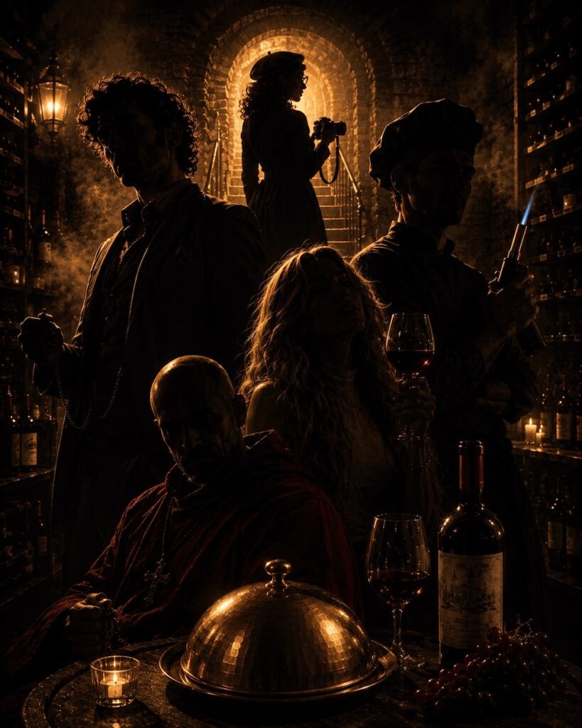 Dramatic scene with silhouetted characters in a vintage wine cellar setting.